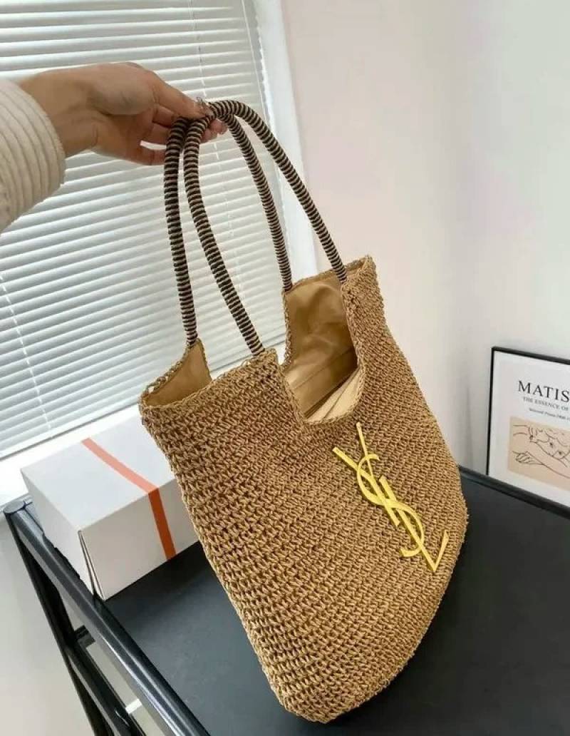 YSL Saint Laurent ICare Raffia Jute Tote Bag With OG Box & Dust Bag (Brown - 991)