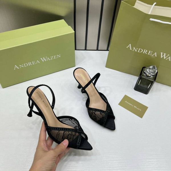 Andrea Wazen Black Katy 105 Slingback Pumps black Satin Mesh Rhinestone With OG Box & Carry Bag