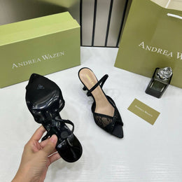 Andrea Wazen Black Katy 105 Slingback Pumps black Satin Mesh Rhinestone With OG Box & Carry Bag