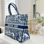 Dior Book Tote Blue Toile De Jouy With OG Box & Dust Bag & Scarf (Blue Tiger - 572)