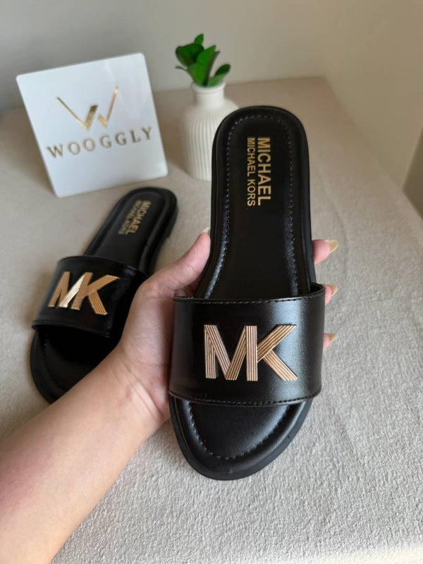 Michael1097 Kors MK Deanna Slide Flats With OG Box & Dust Bag (Black - 1097)