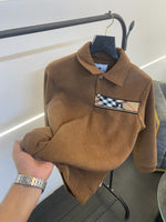 Burberry self knitted imported sweatshirt with brand strip metal logo and brand buttons brown