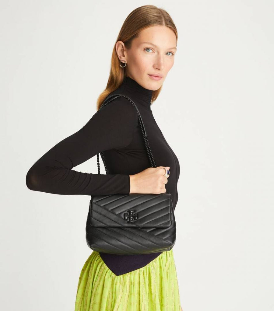 Tory Burcch All Black Kira Small Convertible Quilted Shoulder Bag With Double Box OG Packing