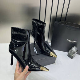 Ysl_Saint_Laurent_Paris_Black_Glossy_High-Heeled_Ankle_Boots_With_Gold_Metal_Toe_Cap_With_OG_Box_Dust_Cover_&_Carry_Bag_B1_Black_Glossy