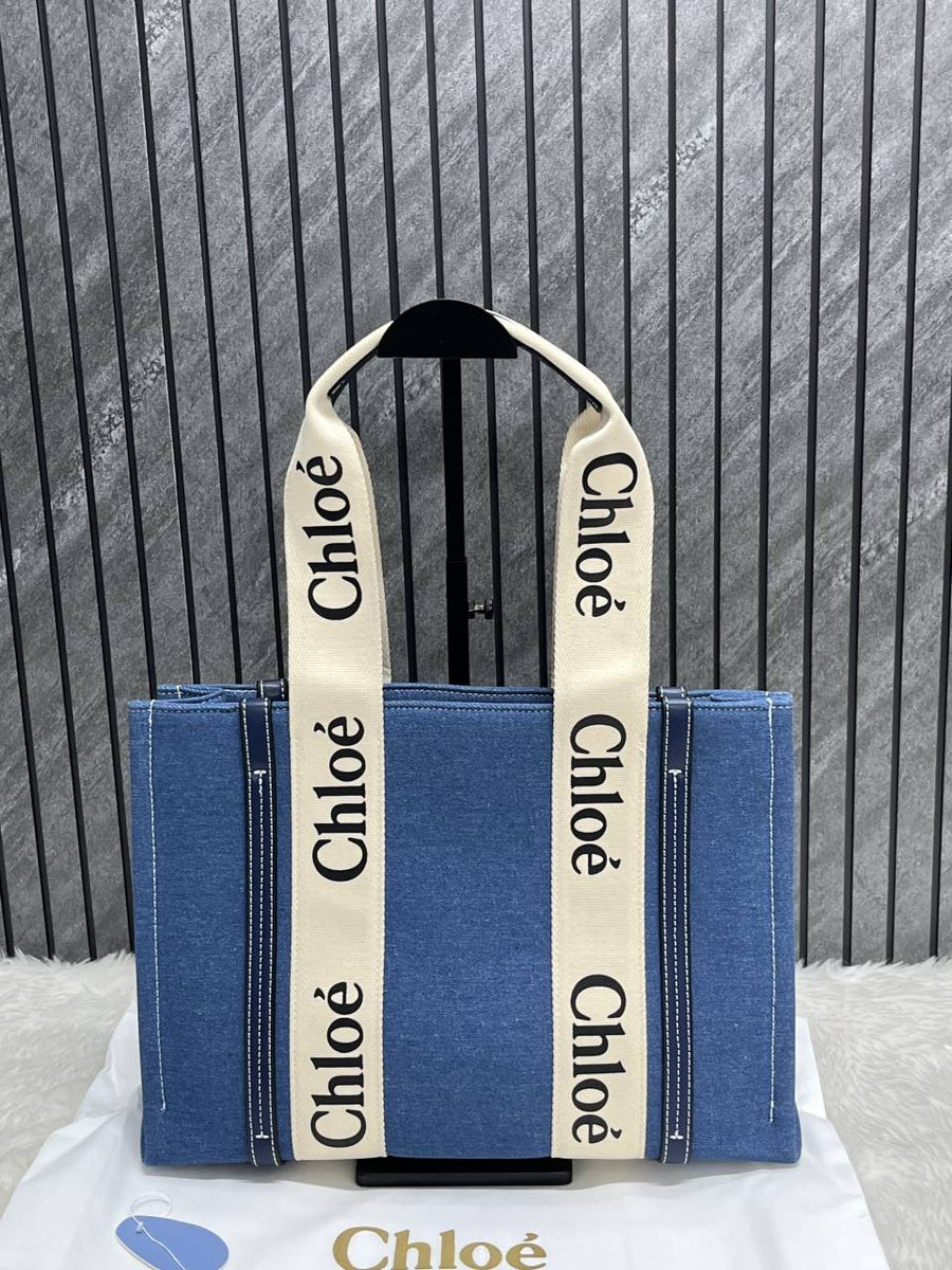 Chloe Denim Medium Canvas Woody Tote With Dust Cover