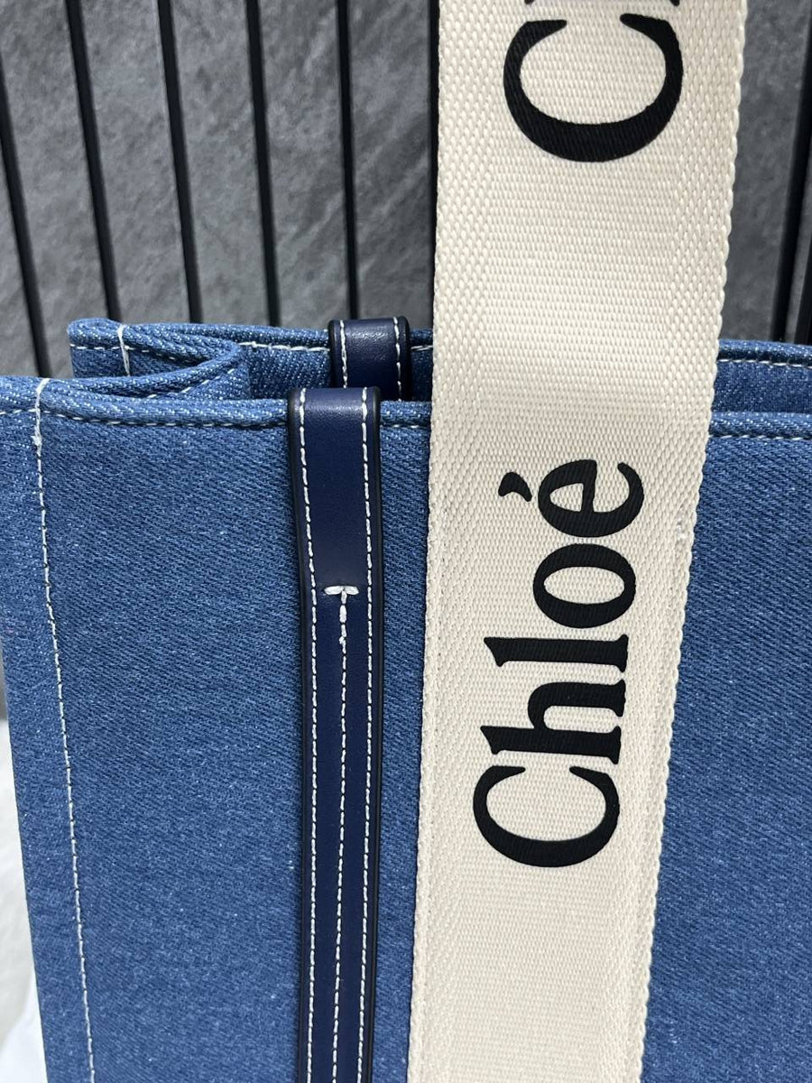 Chloe Denim Medium Canvas Woody Tote With Dust Cover