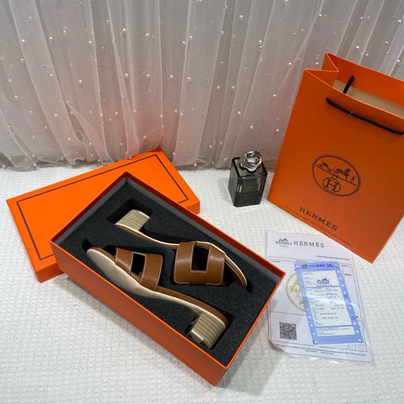 Hermes Oasis Sandals Dark Brown H cut-out Stacked Block Heel With OG & Carry Bag 778 Dark Brown