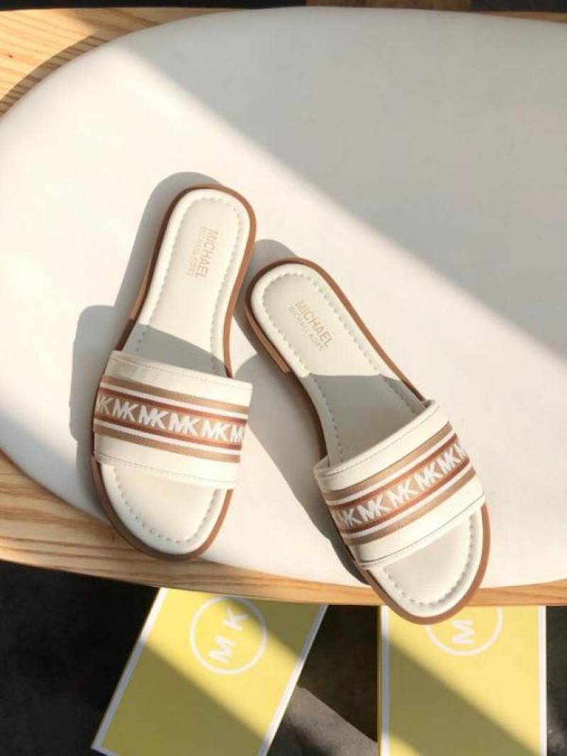 Michael1099 Kors MK Sadler Slide Flats With OG Box & Dust Bag (White - 1099)