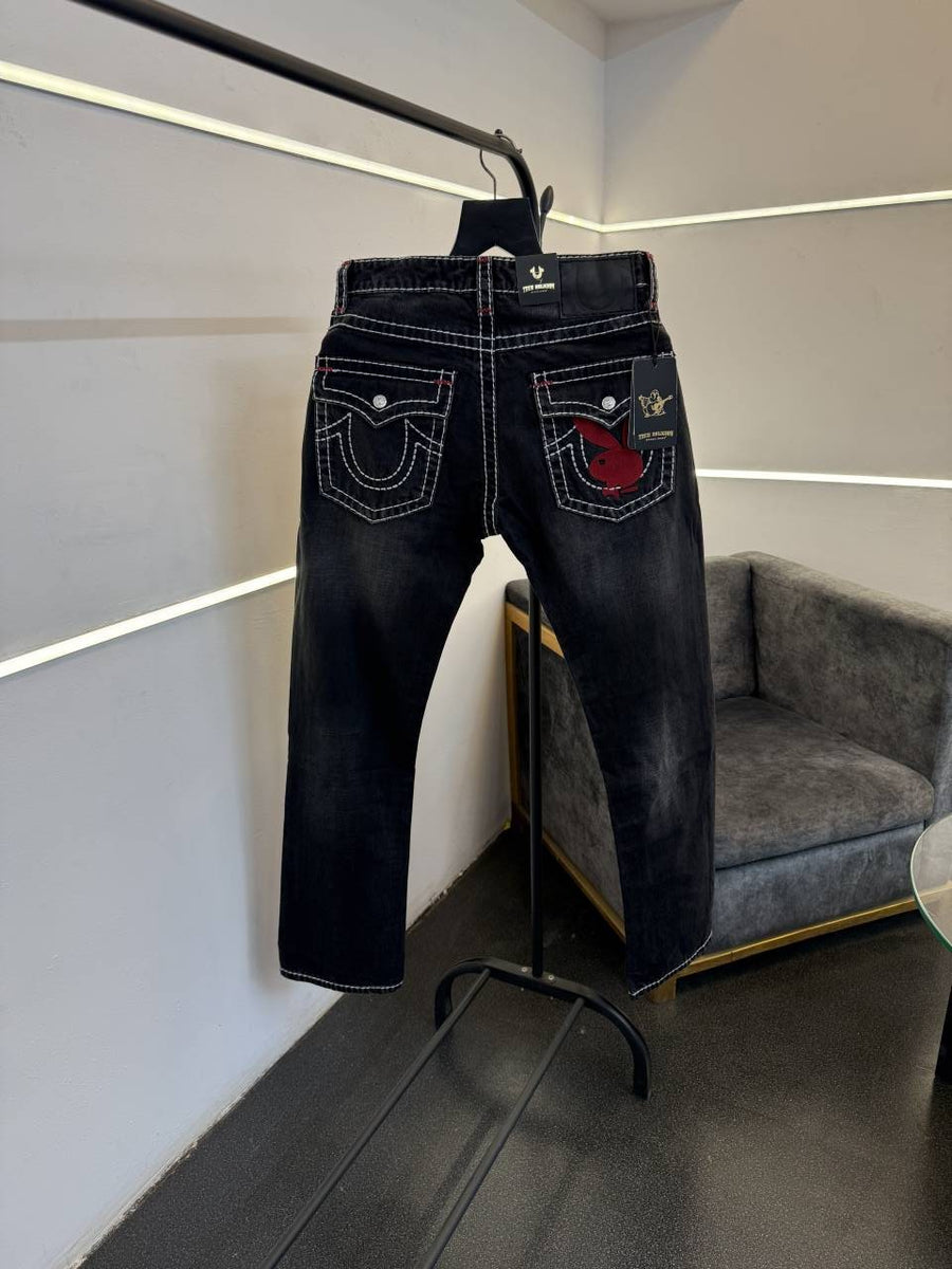 True religion hyperflex dark grey imported denim with brand button and playboy embroidery logo on back pocket