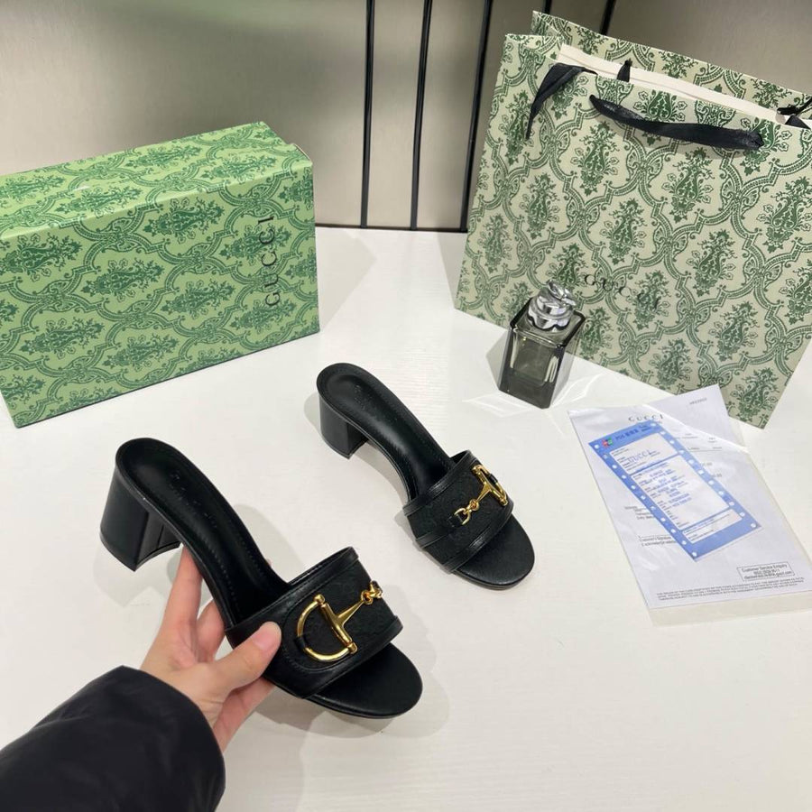 Gucci_Horsebit_Slide_Sandals_Mid_Heel_Iconic_GG_Canvas_With_OG_Box_&_Carry_Bag_1295-2_Black - image 2