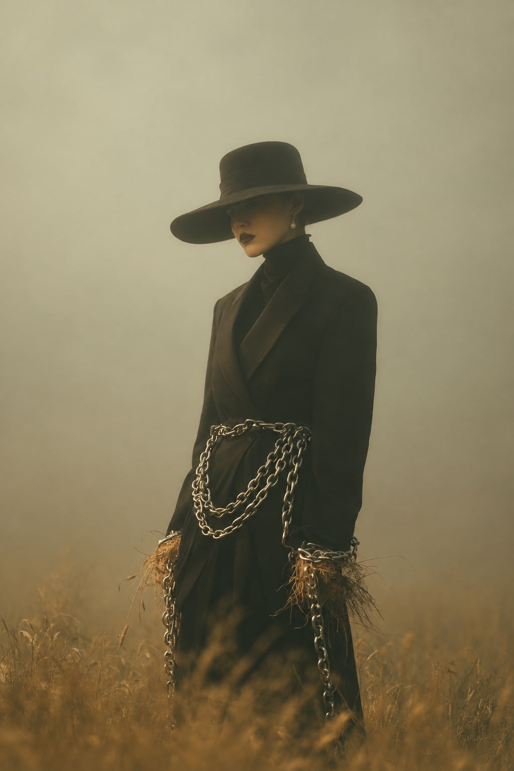 Woman in a black coat, wide brim hat and chain details in a misty meadow
